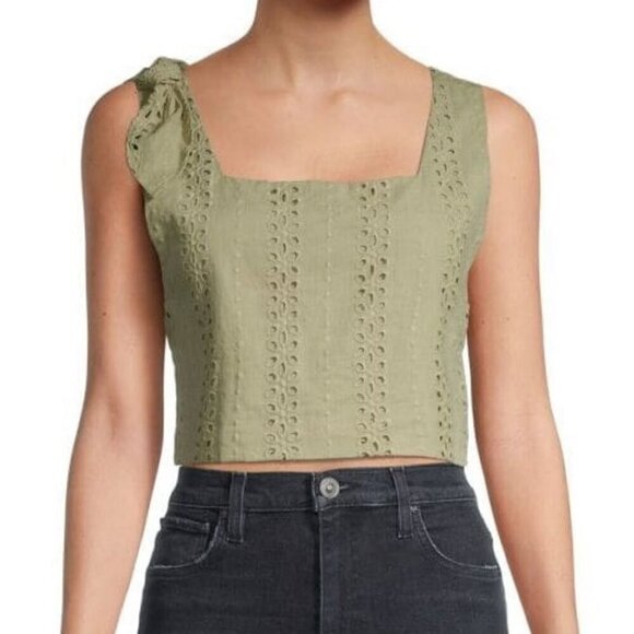 70°F/21°C Schiffli Sleeveless Eyelet Crop Cottage Retro Top-Olive-Large-NWT - Picture 1 of 13